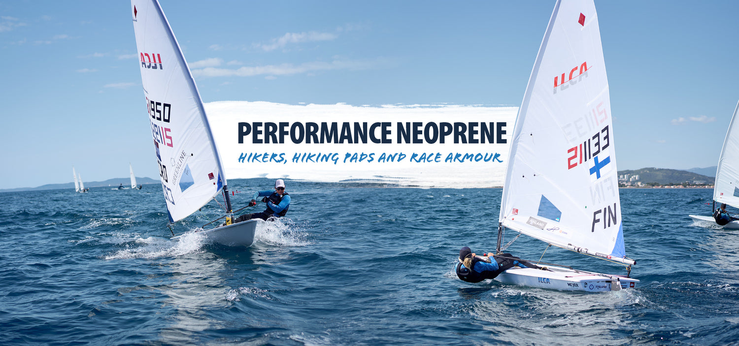 two laser sailors sailing wearing the womens Seagrass range in thermaflex and superthem text overlay: performace neoprene hikers, hiking pads and race armour