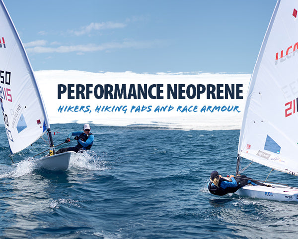 two laser sailors sailing wearing the womens Seagrass range in thermaflex and superthem  text overlay: performace neoprene hikers, hiking pads and race armour