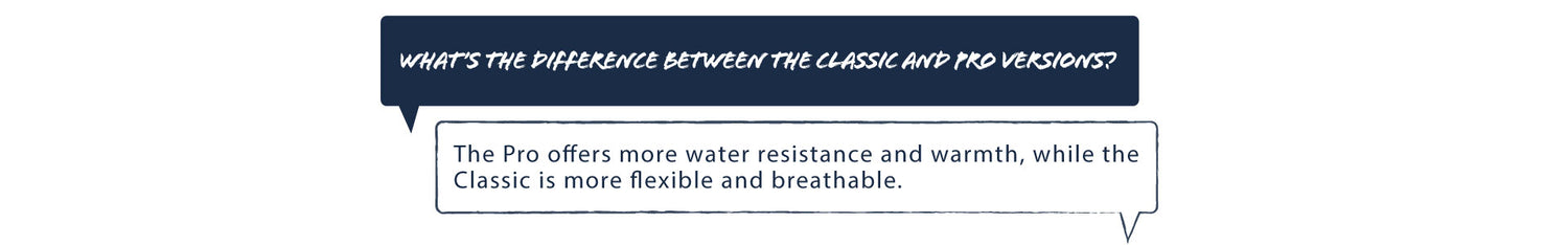 Q:what is the difference between the classic and pro versions A: the pro offers more water resistance and warmth, while the classic is more flexible and breathable.