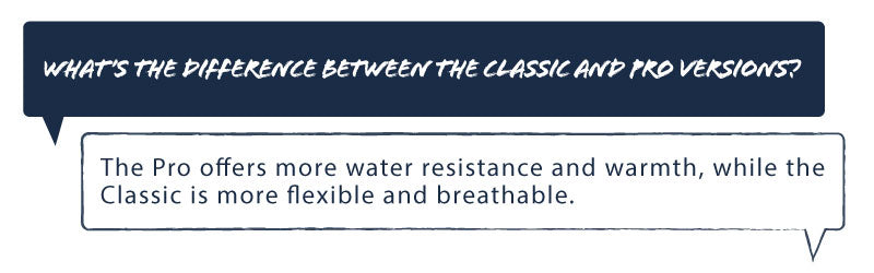 Q:what is the difference between the classic and pro versions A: the pro offers more water resistance and warmth, while the classic is more flexible and breathable.