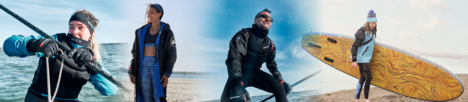 "Four outdoor water sports enthusiasts in wetsuits and layered clothing. wearing different aquafleece products