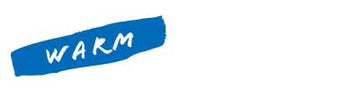 signal blue paint stroke with warm written in white on top