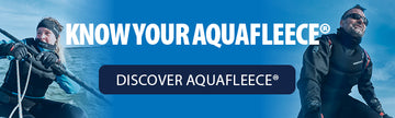 A banner featuring a sailor wearing the Women's Pro Lite Aquafleece in Teal and another sailor wearing the Pro Aquafleece Top in Black. The title 'Know Your Aquafleece' is displayed with a 'Discover Aquafleece' button beneath.