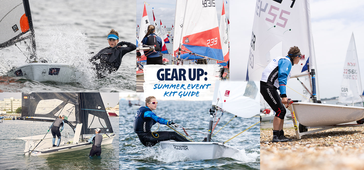 A collage of young sailors actively participating in dinghy sailing events, showcasing various sailing dinghies on the water and at shore. Central text reads “Gear Up: Summer Event Kit Guide” in bold, nautical-themed typography.